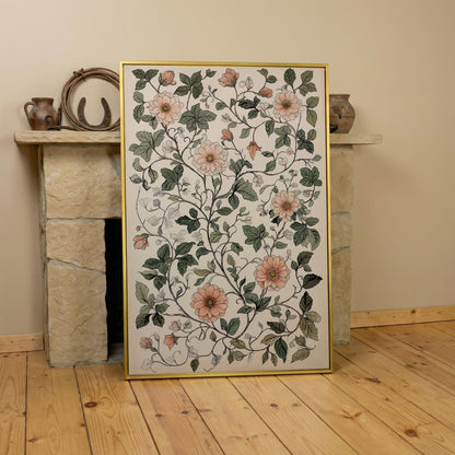 Vintage Botanical Canvas with Dusty Peach and Sage in yellow gold floating frame