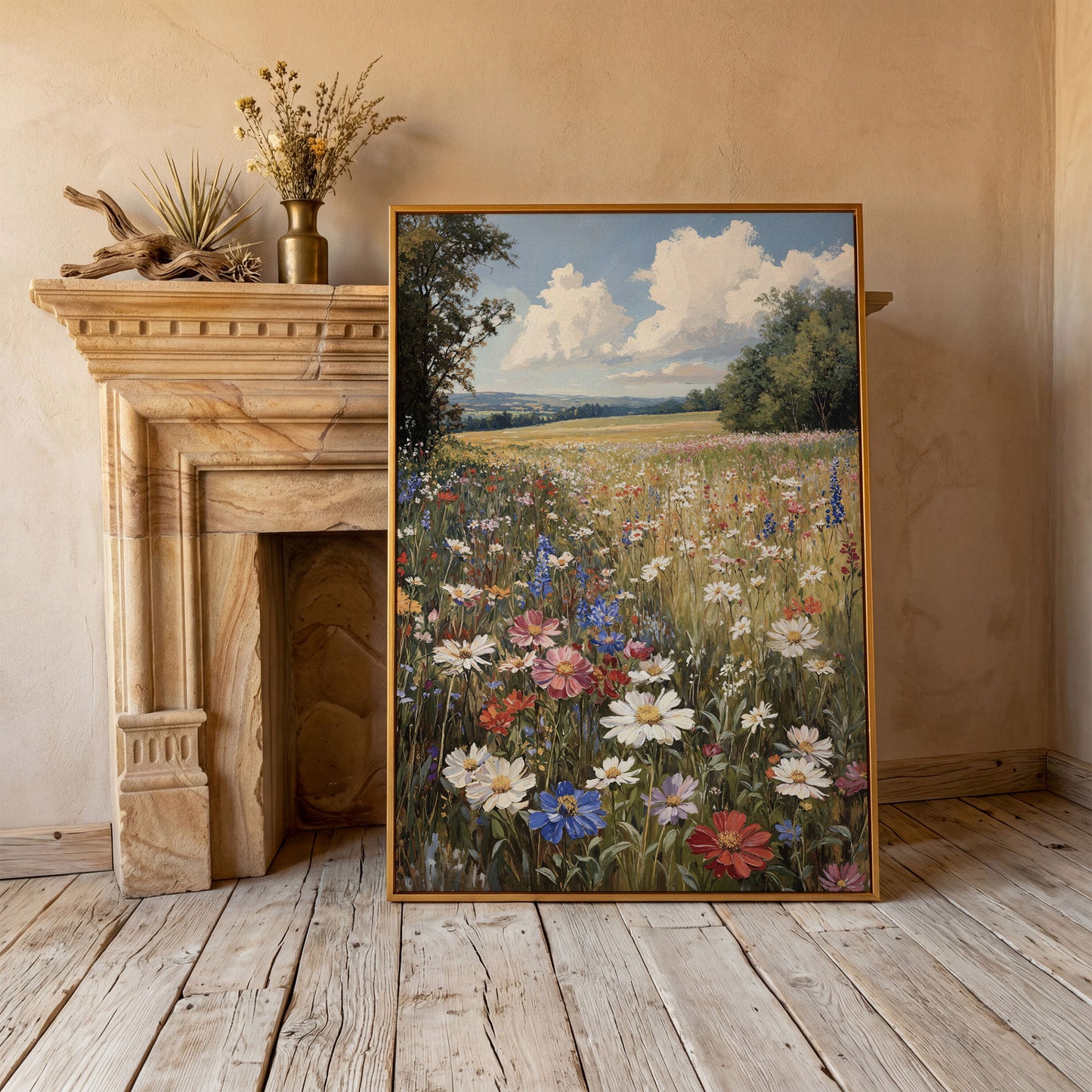 Wildflower Meadow with Rolling Hills Canvas Print in antique gold floating frame