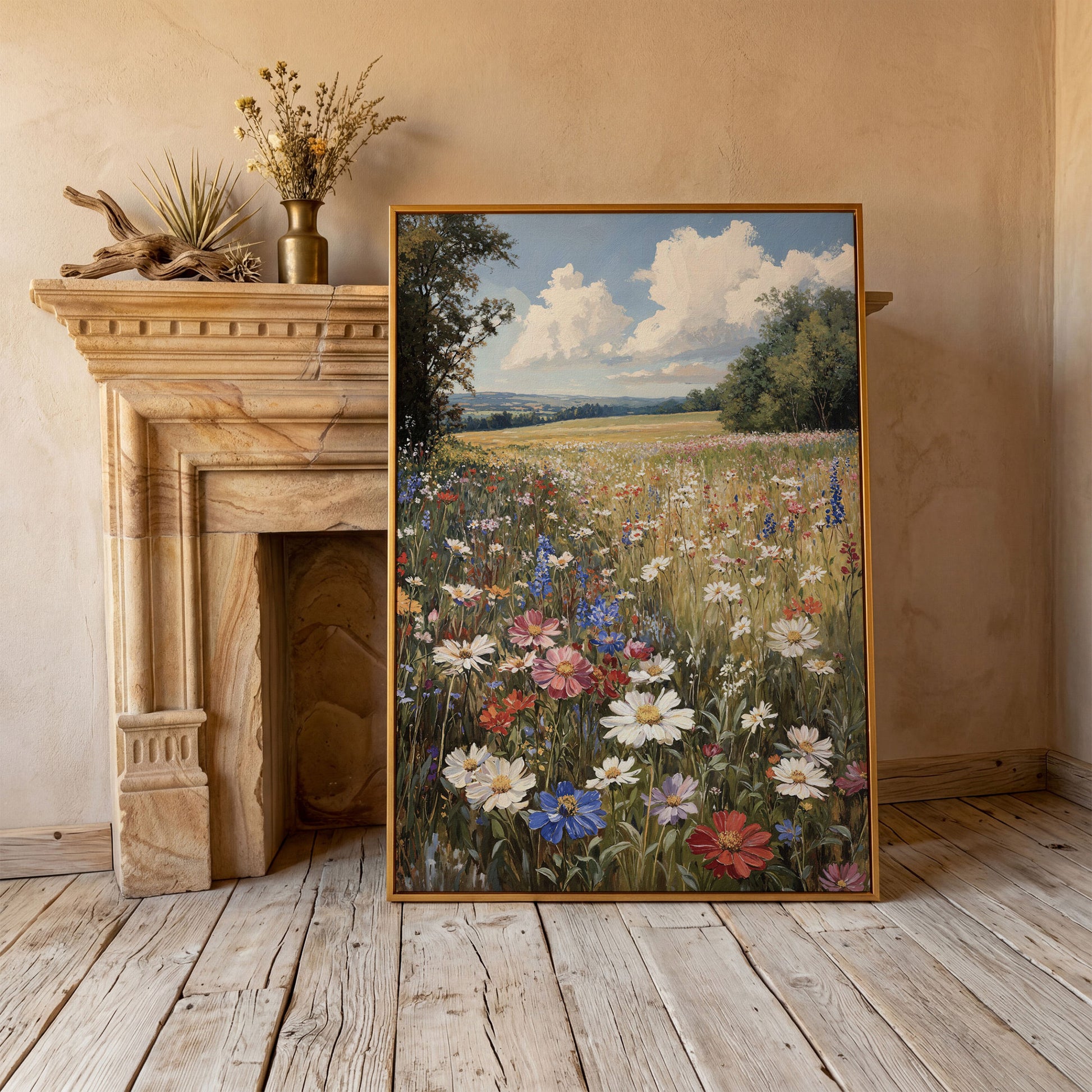 Wildflower Meadow with Rolling Hills Canvas Print in antique gold floating frame