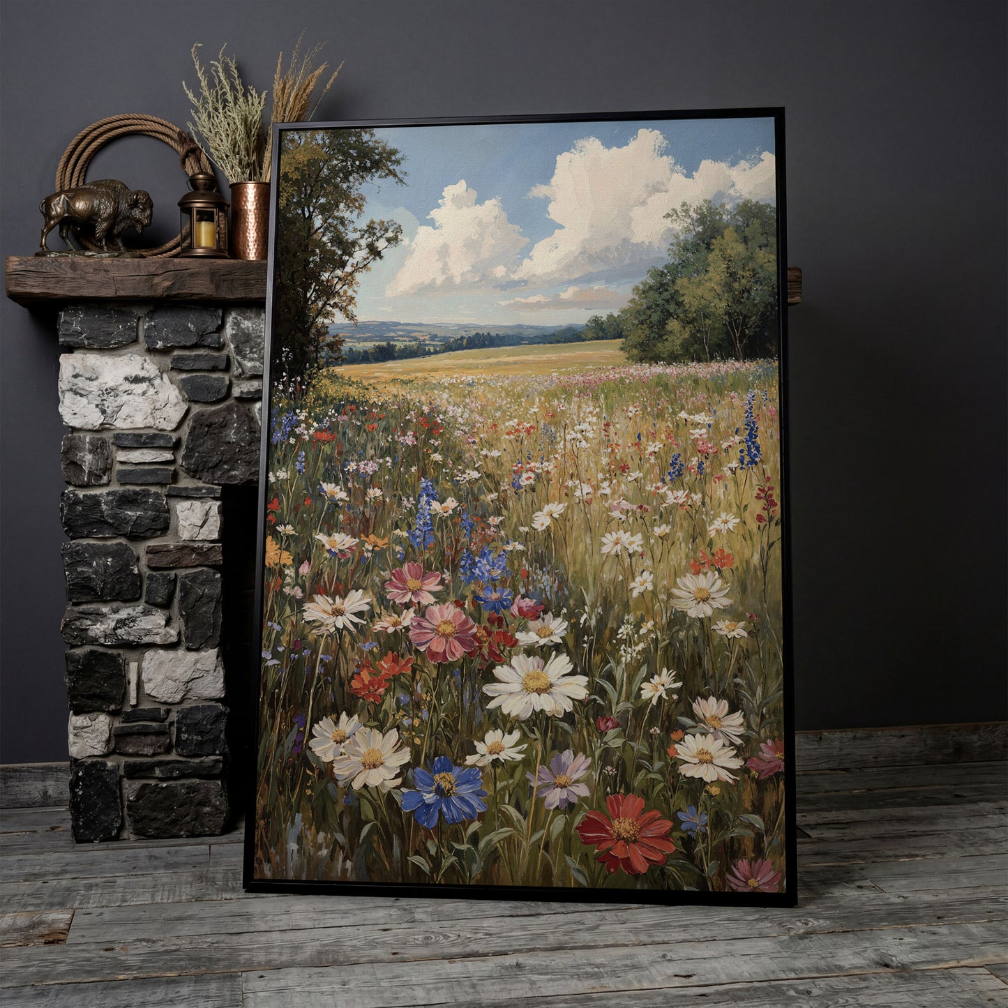 Wildflower Meadow with Rolling Hills Canvas Print in black floating frame