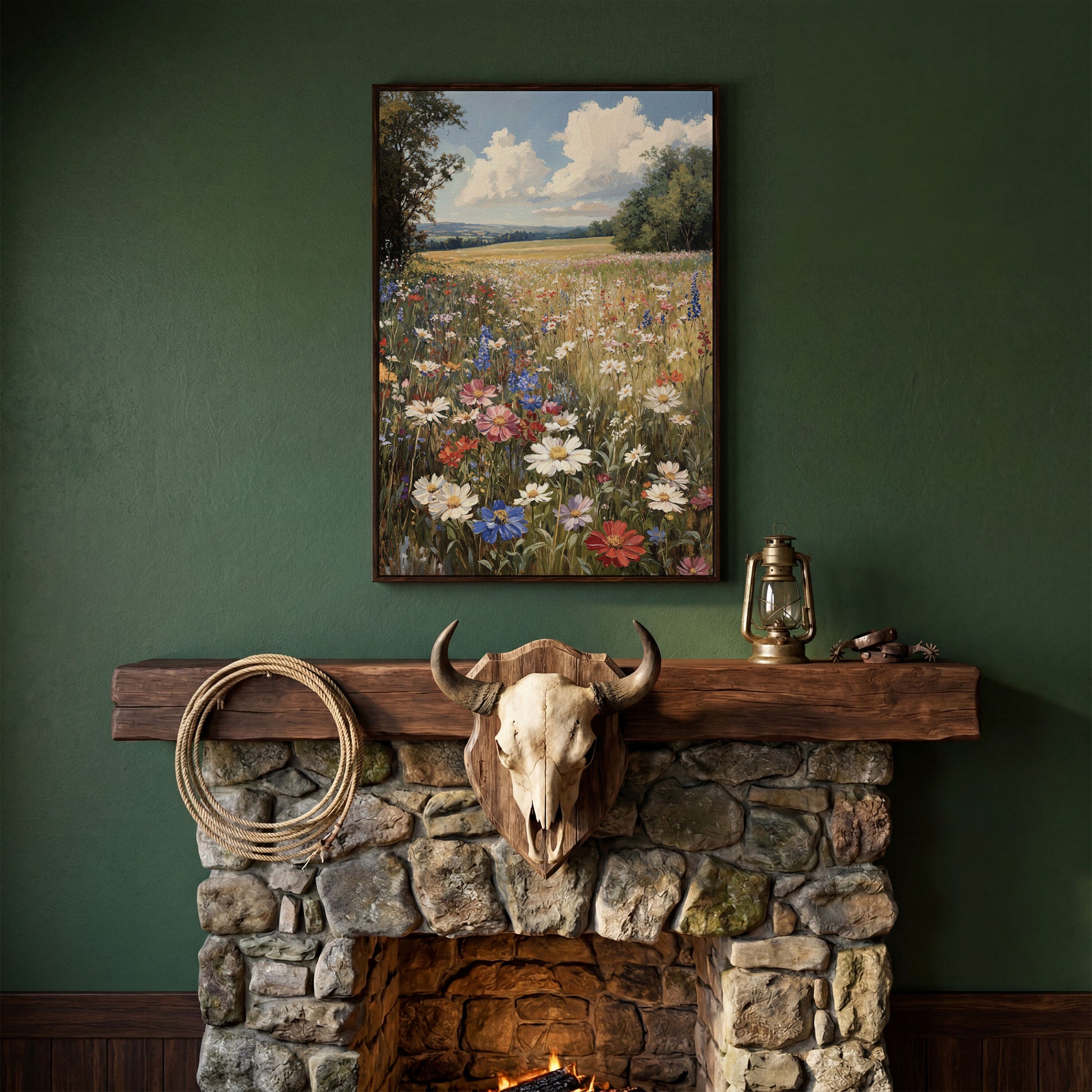 Wildflower Meadow with Rolling Hills Canvas Print in dark walnut floating frame