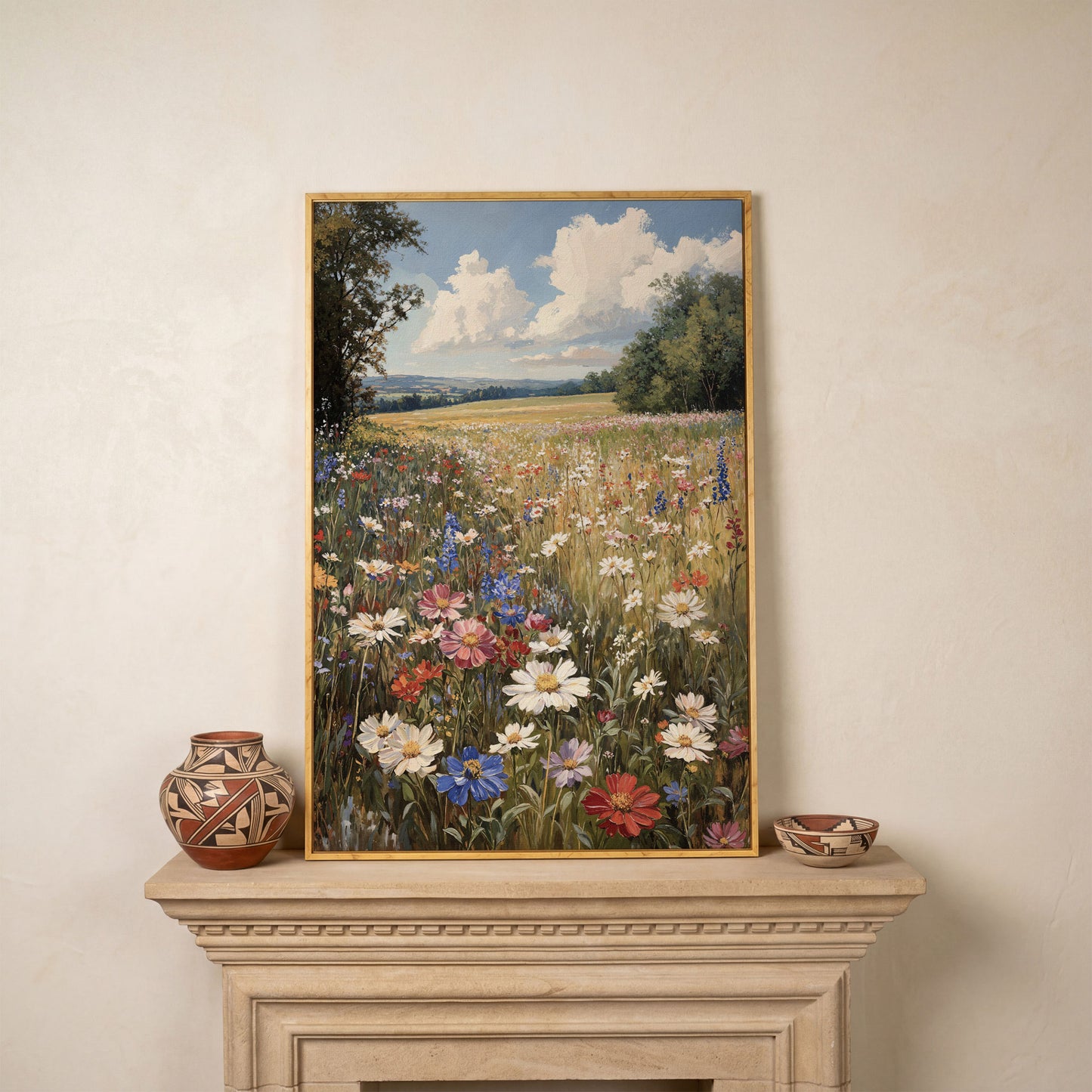 Wildflower Meadow with Rolling Hills Canvas Print in white oak floating frame