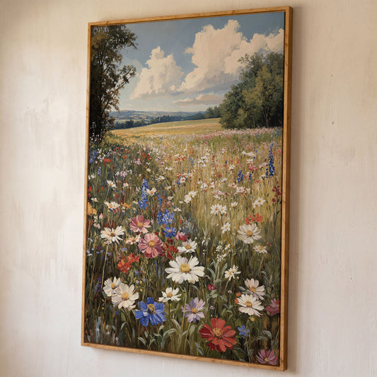 Wildflower Meadow with Rolling Hills Canvas Print shown in white oak floating frame