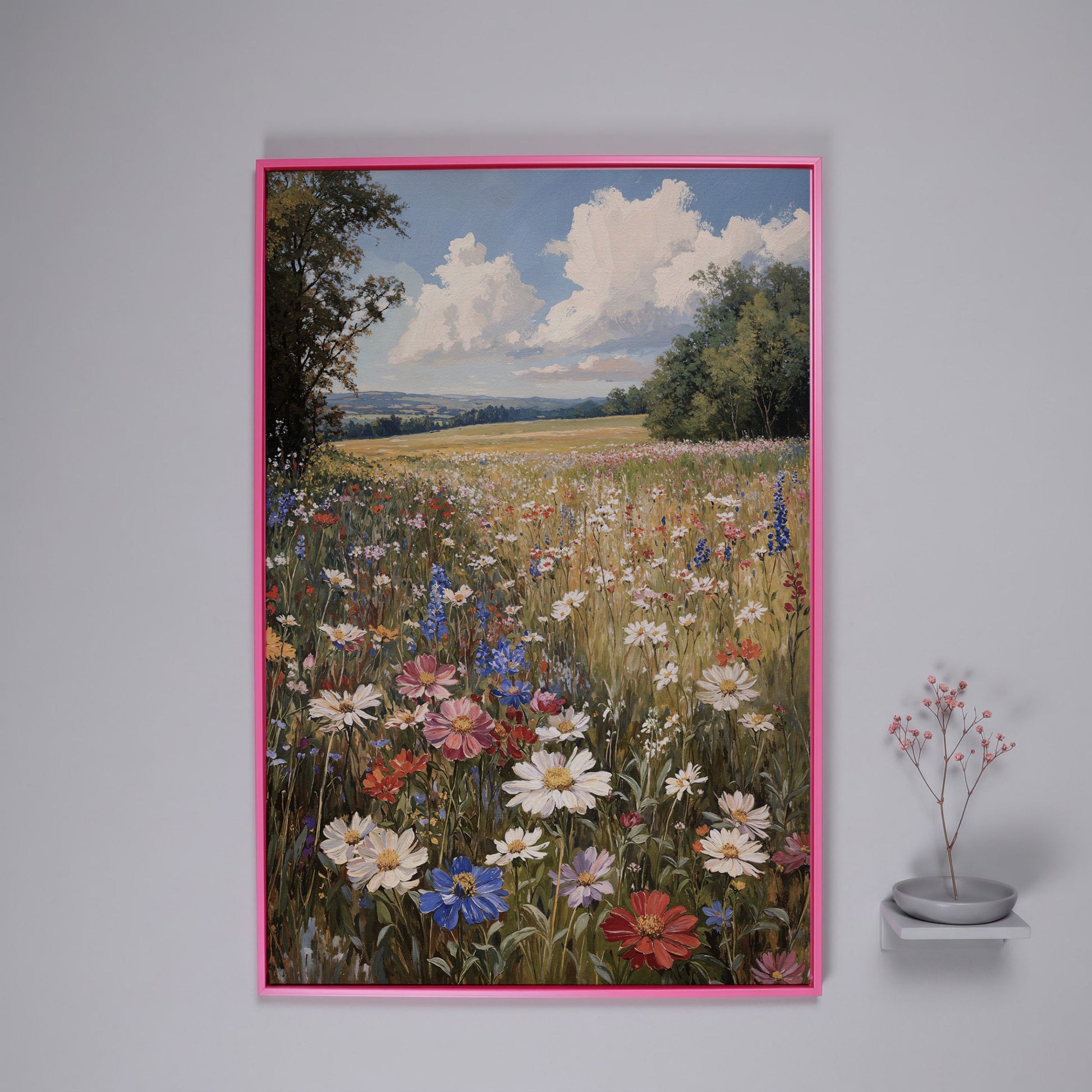 Wildflower Meadow with Rolling Hills Canvas Print in pink floating frame