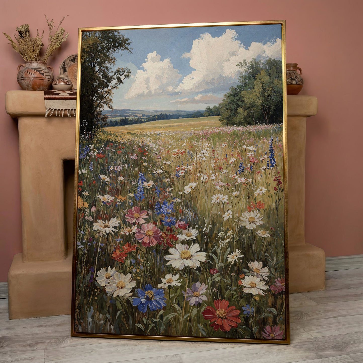 Wildflower Meadow with Rolling Hills Canvas Print in rose gold floating frame