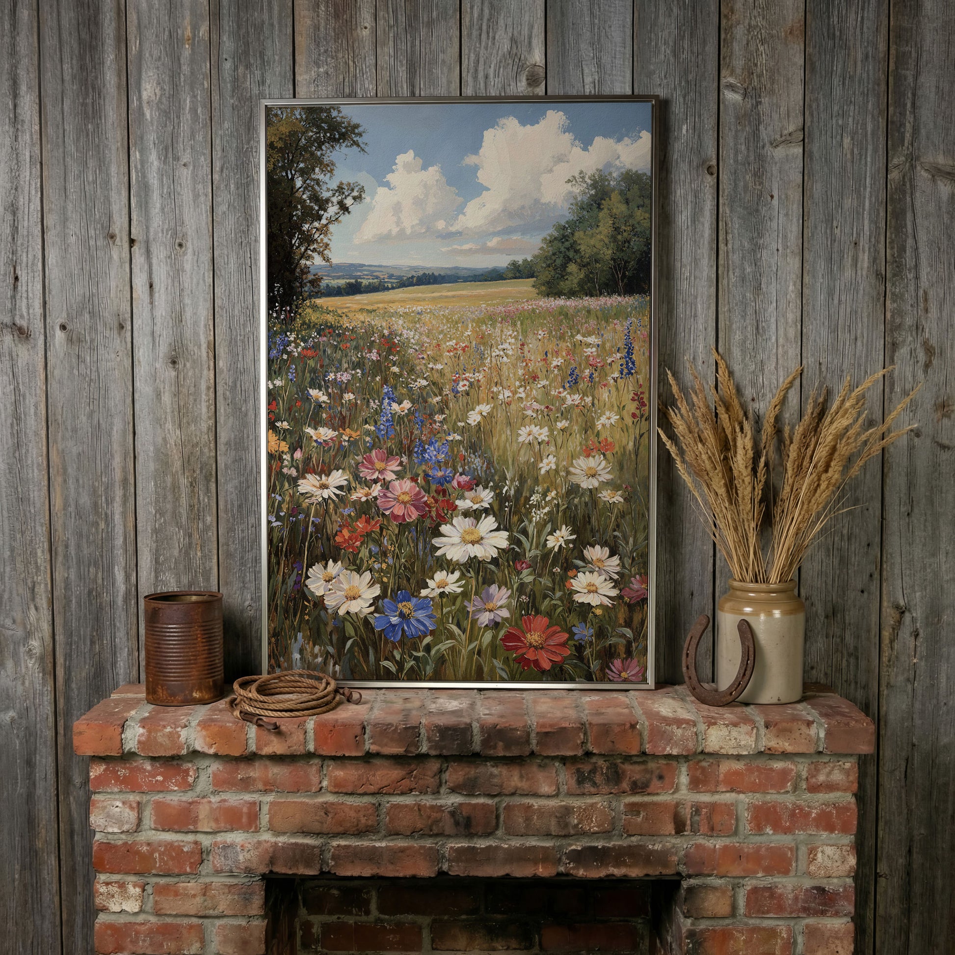 Wildflower Meadow with Rolling Hills Canvas Print in silver floating frame