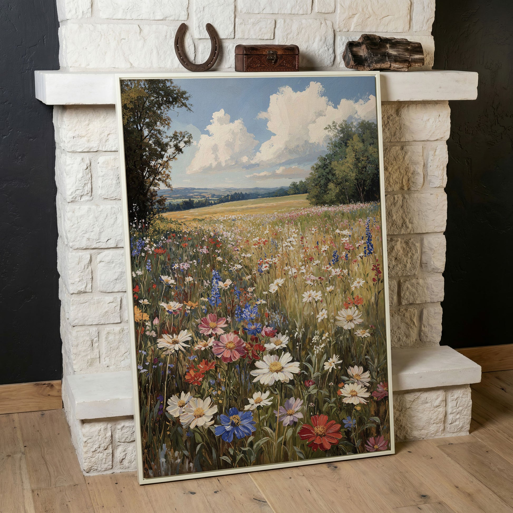 Wildflower Meadow with Rolling Hills Canvas Print in white floating frame