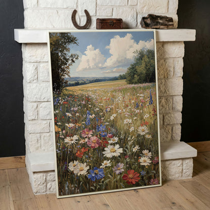 Wildflower Meadow with Rolling Hills Canvas Print in white floating frame
