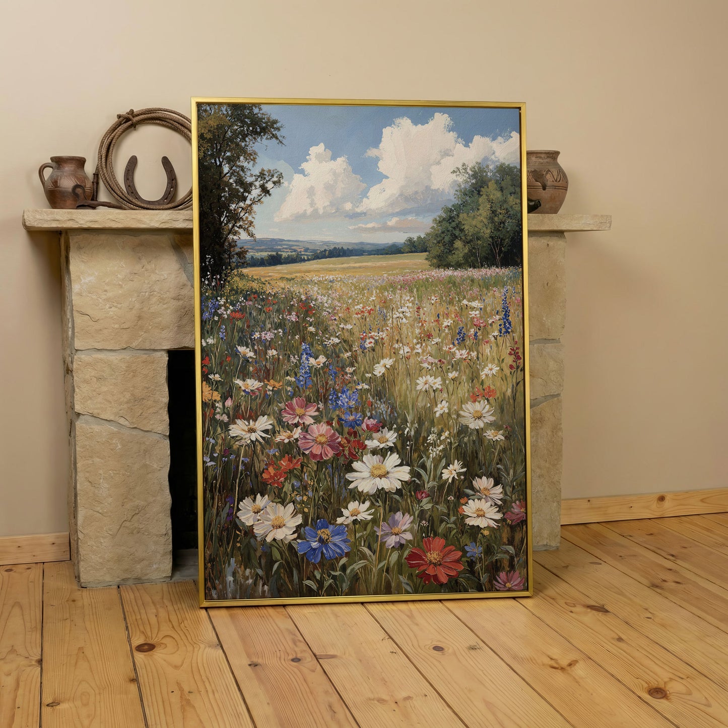 Wildflower Meadow with Rolling Hills Canvas Print in yellow gold floating frame