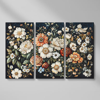 Colorful Floral Elegance Canvas Art with Dark Botanical Background as 3-panel split version