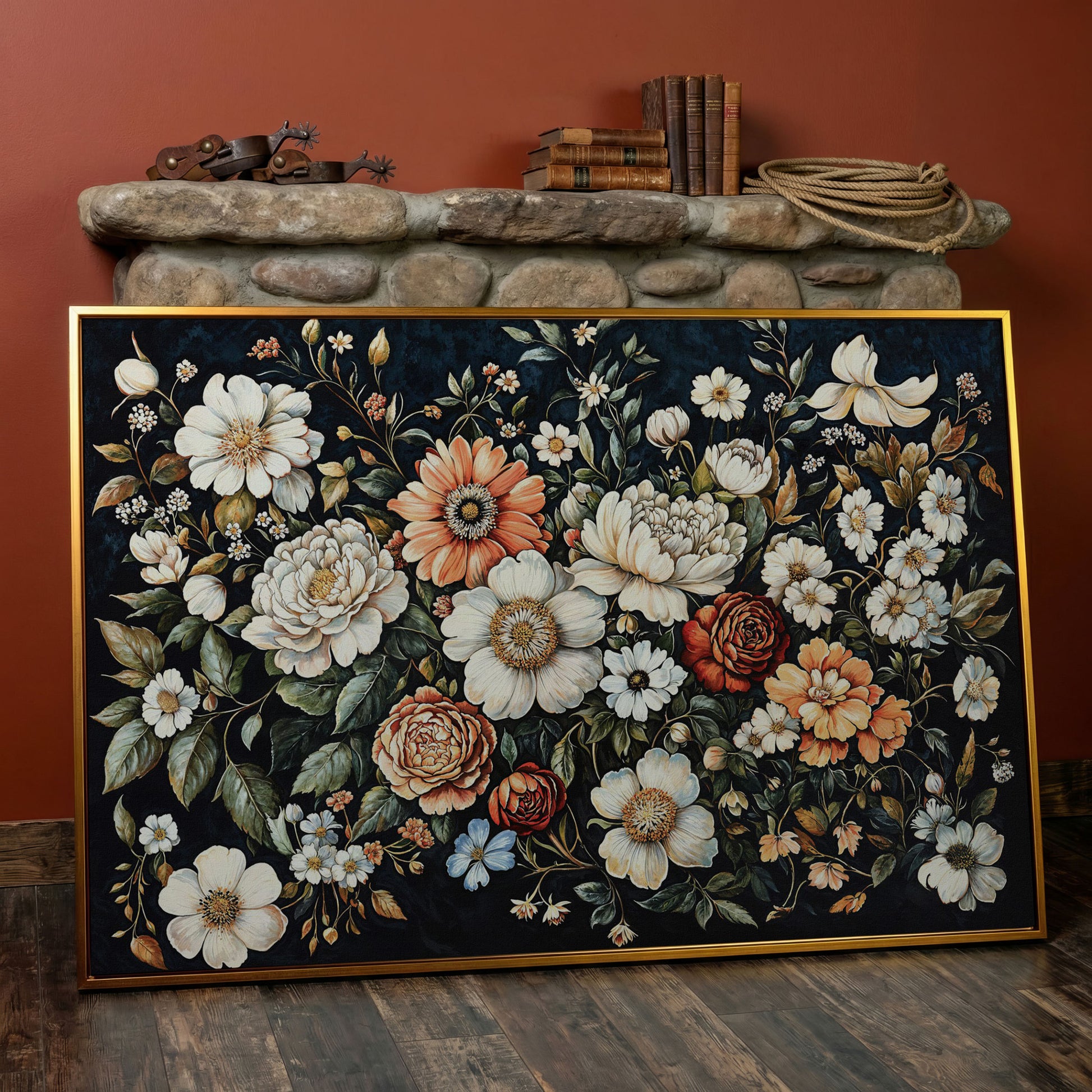 Colorful Floral Elegance Canvas Art with Dark Botanical Background in antique gold floating frame