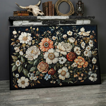 Colorful Floral Elegance Canvas Art with Dark Botanical Background in black floating frame