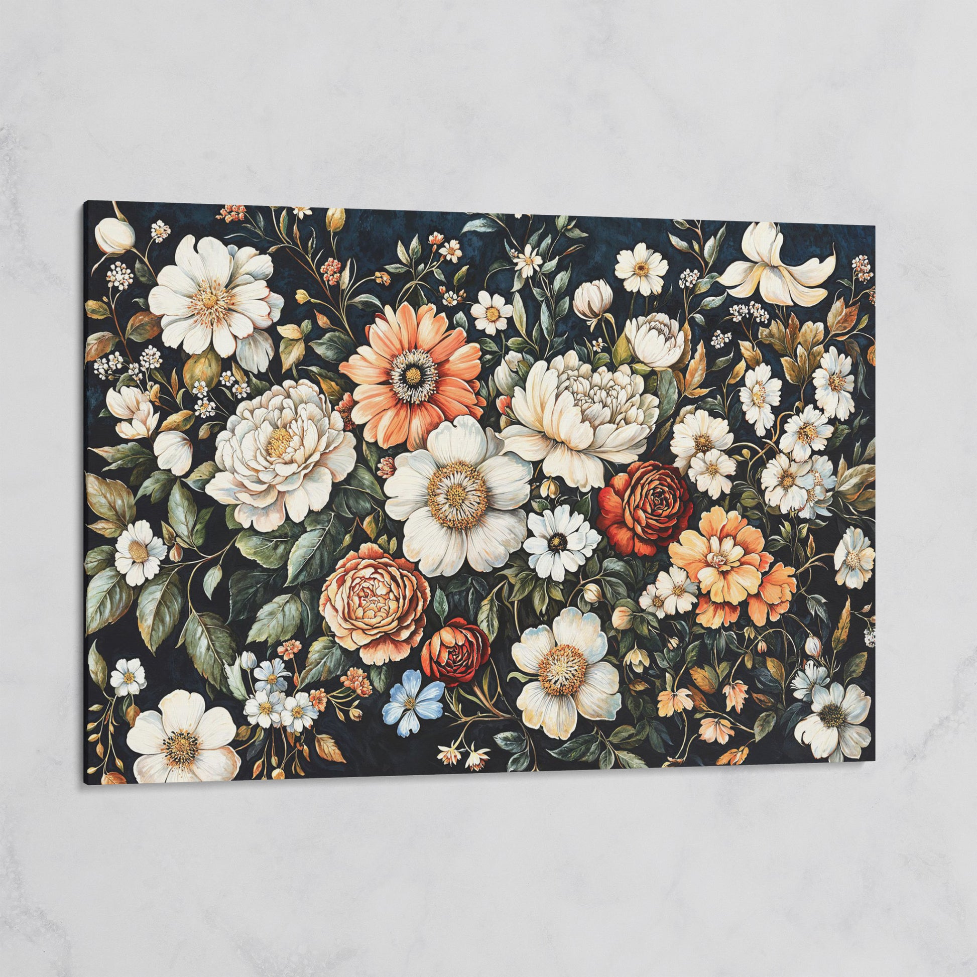 Colorful Floral Elegance Canvas Art with Dark Botanical Background on gallery wrap