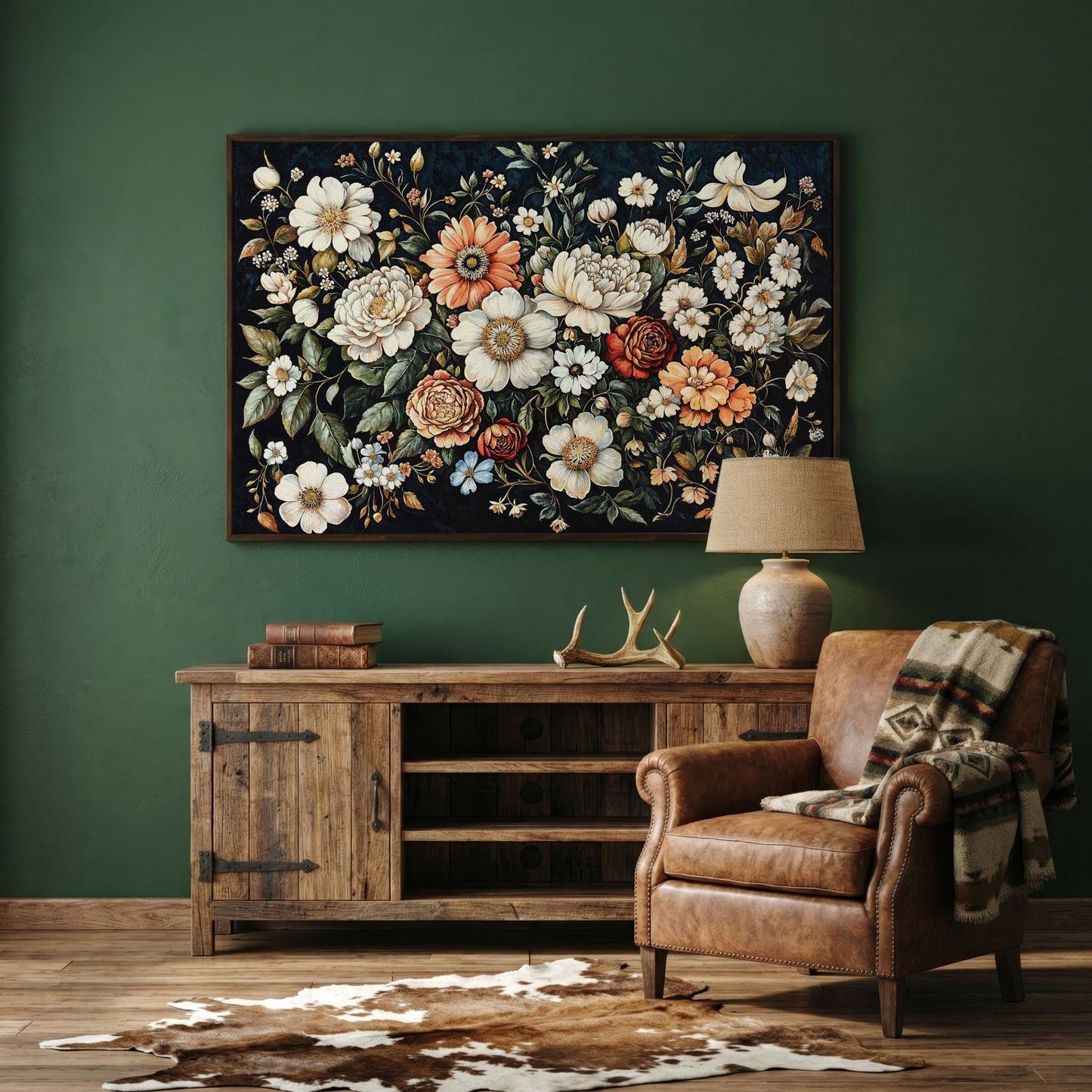 Colorful Floral Elegance Canvas Art with Dark Botanical Background in dark walnut floating frame