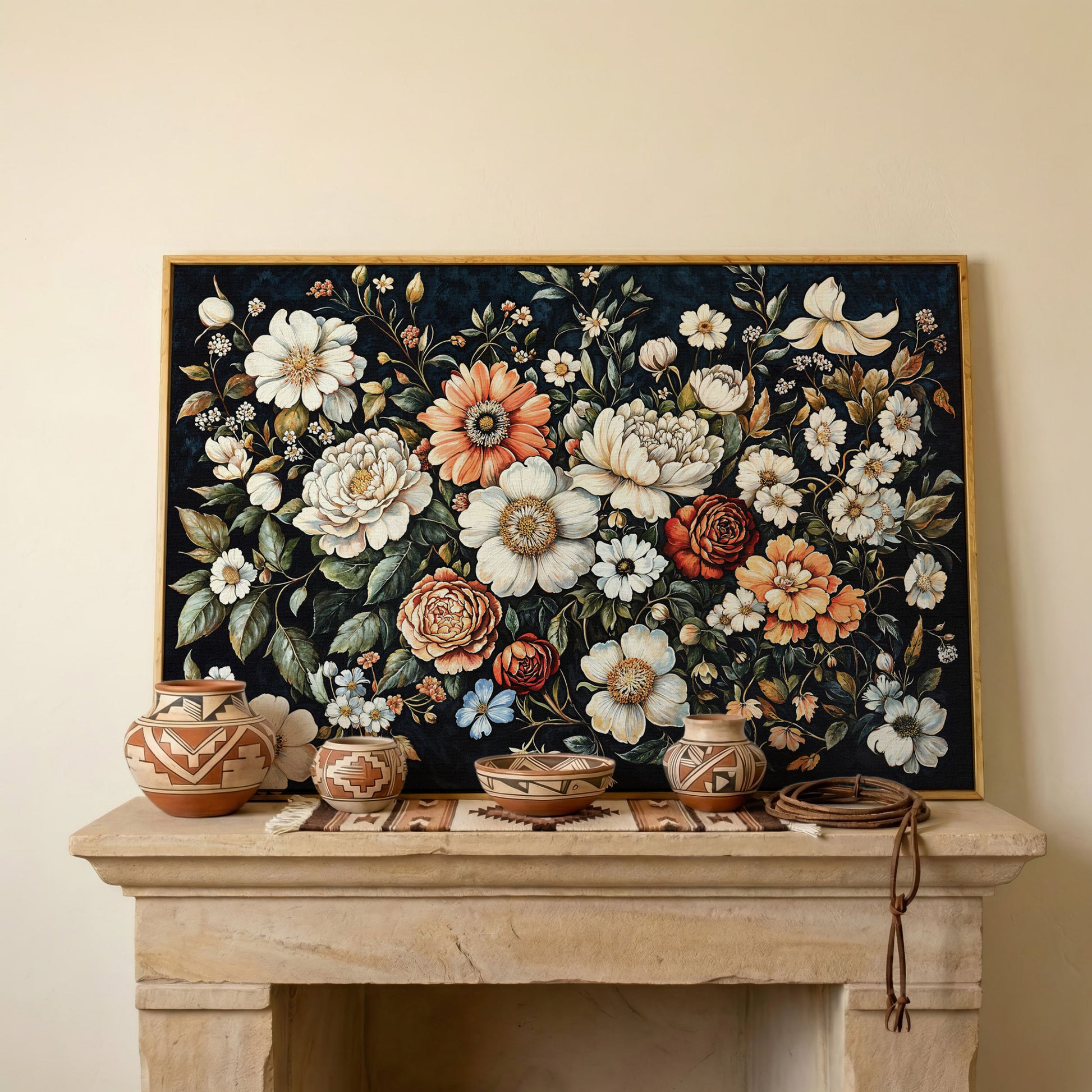 Colorful Floral Elegance Canvas Art with Dark Botanical Background in white oak floating frame