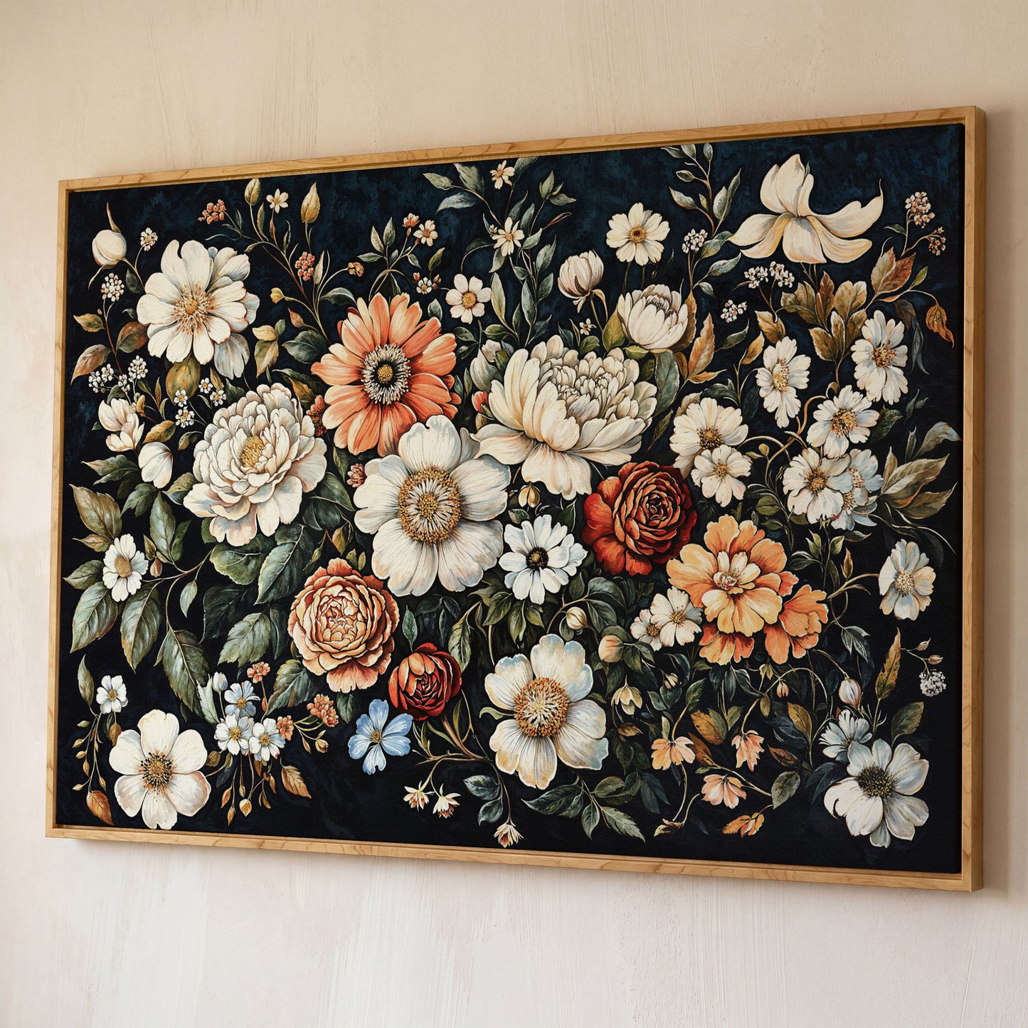 Colorful Floral Elegance Canvas Art with Dark Botanical Background shown in white oak floating frame