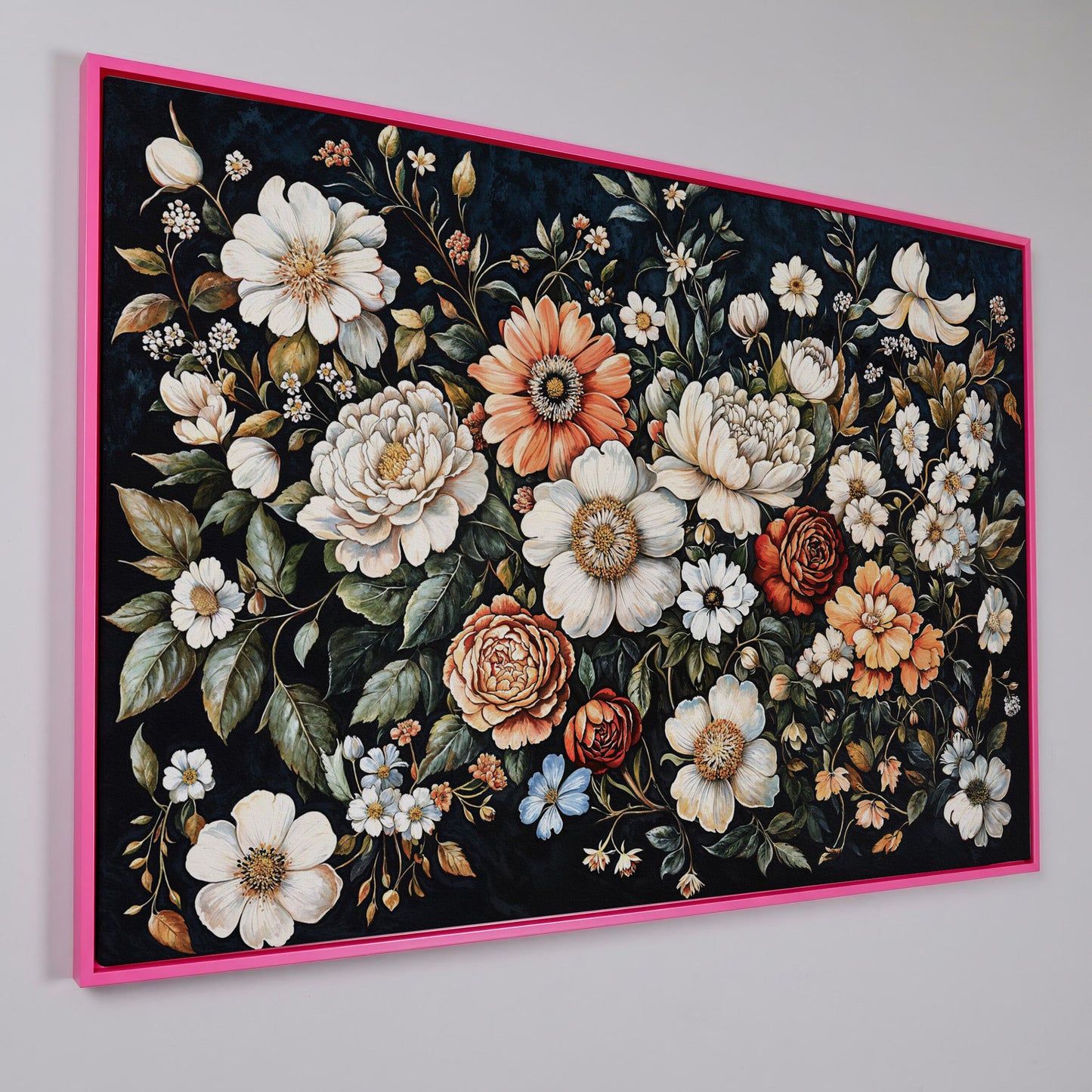 Colorful Floral Elegance Canvas Art with Dark Botanical Background in pink floating frame