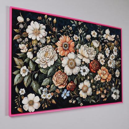 Colorful Floral Elegance Canvas Art with Dark Botanical Background in pink floating frame