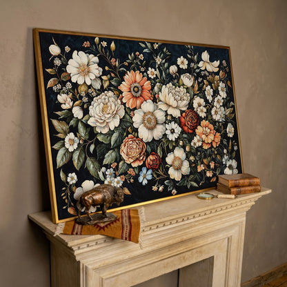 Colorful Floral Elegance Canvas Art with Dark Botanical Background in rose gold floating frame