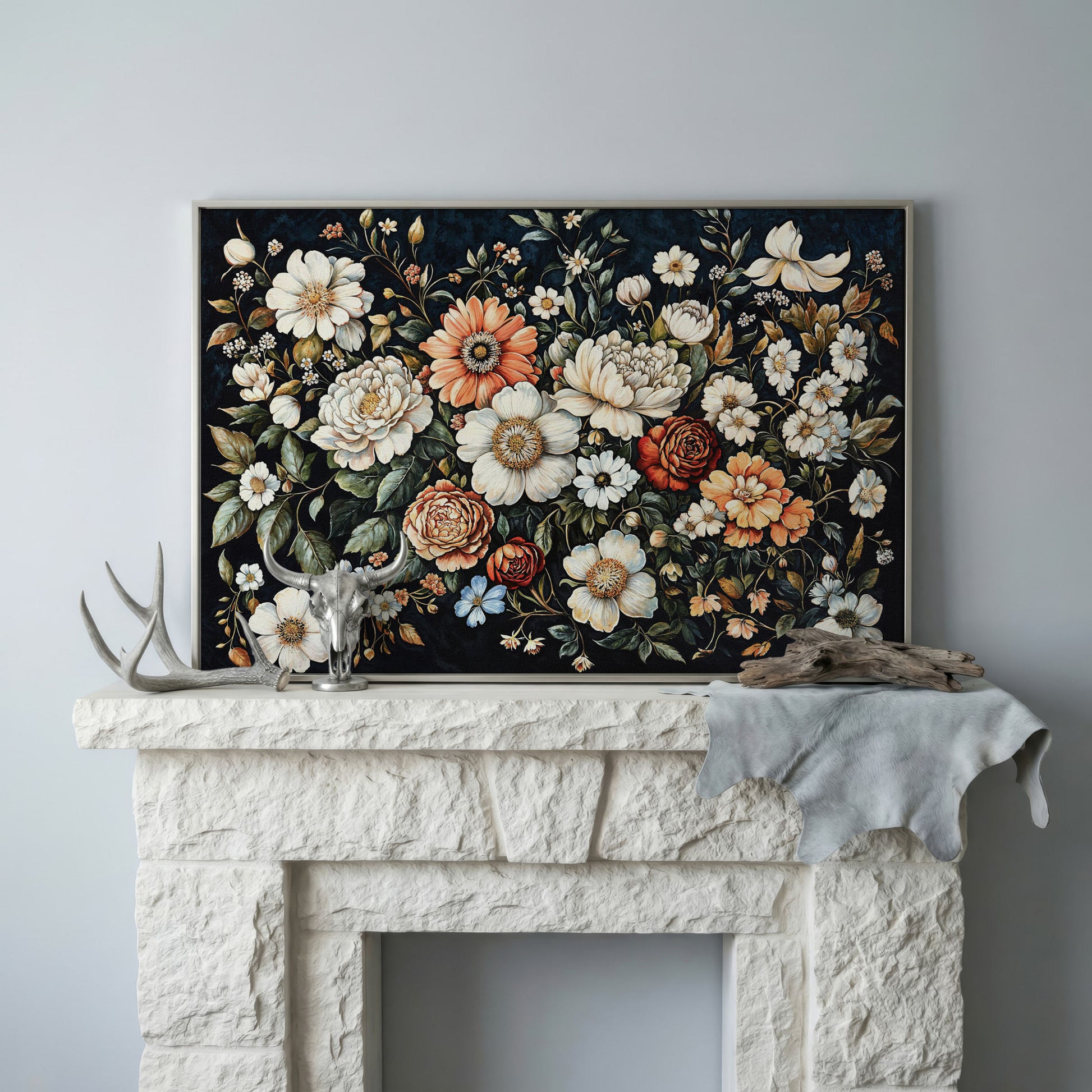 Colorful Floral Elegance Canvas Art with Dark Botanical Background in silver floating frame