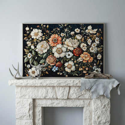Colorful Floral Elegance Canvas Art with Dark Botanical Background in silver floating frame