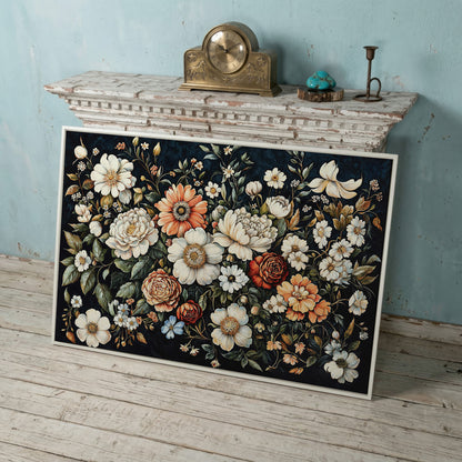 Colorful Floral Elegance Canvas Art with Dark Botanical Background in white floating frame