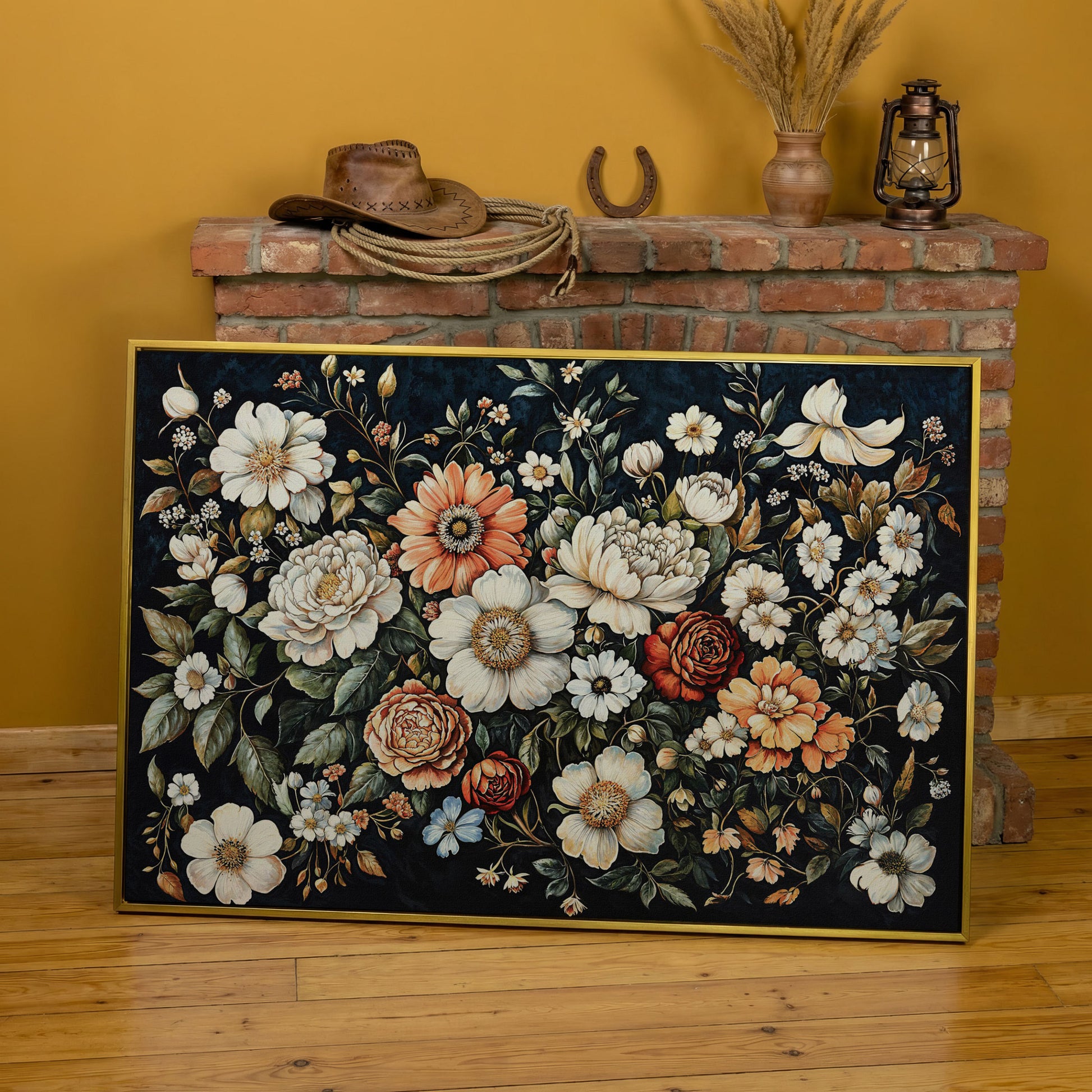Colorful Floral Elegance Canvas Art with Dark Botanical Background in yellow gold floating frame