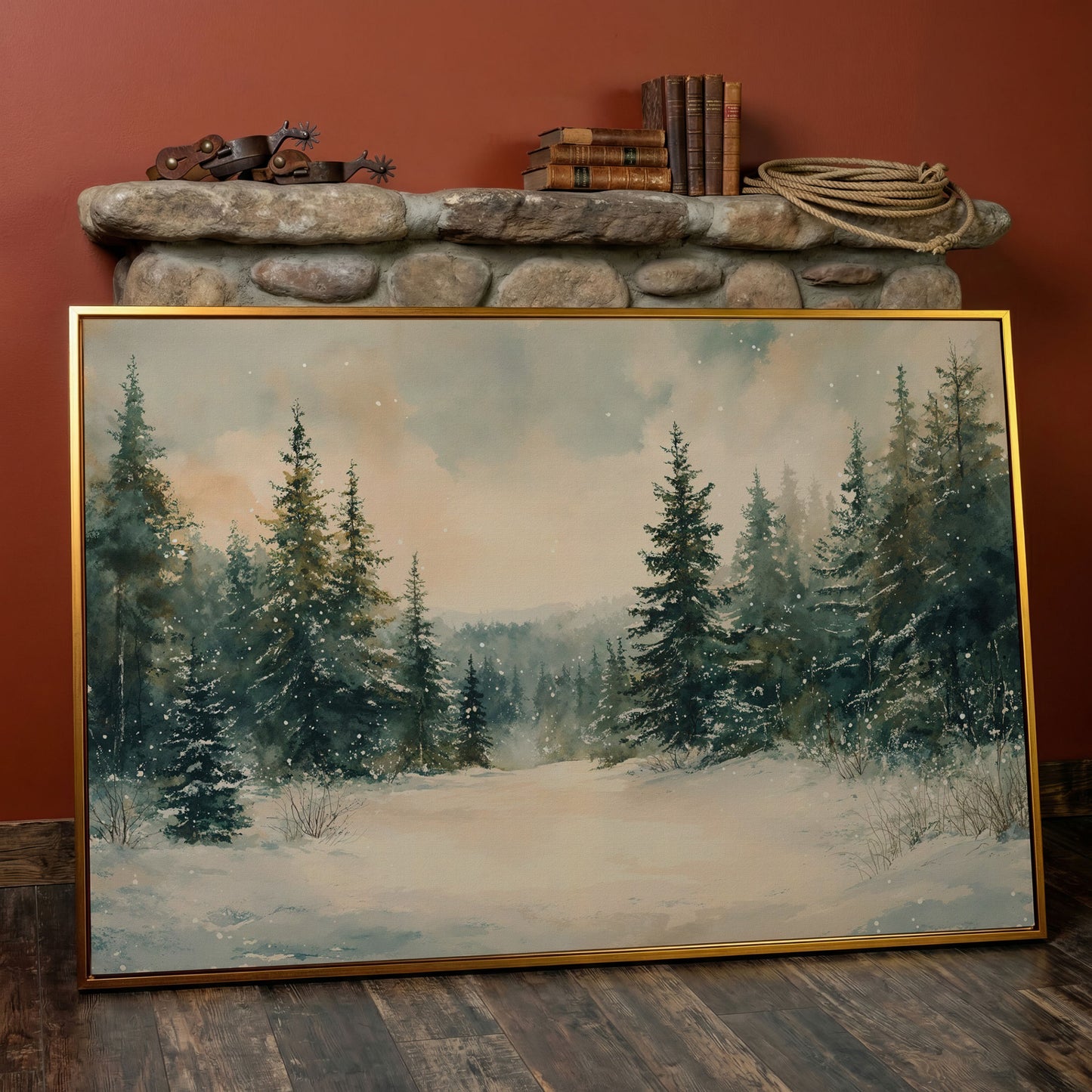 Winter Forest Path Canvas in antique gold floating frame