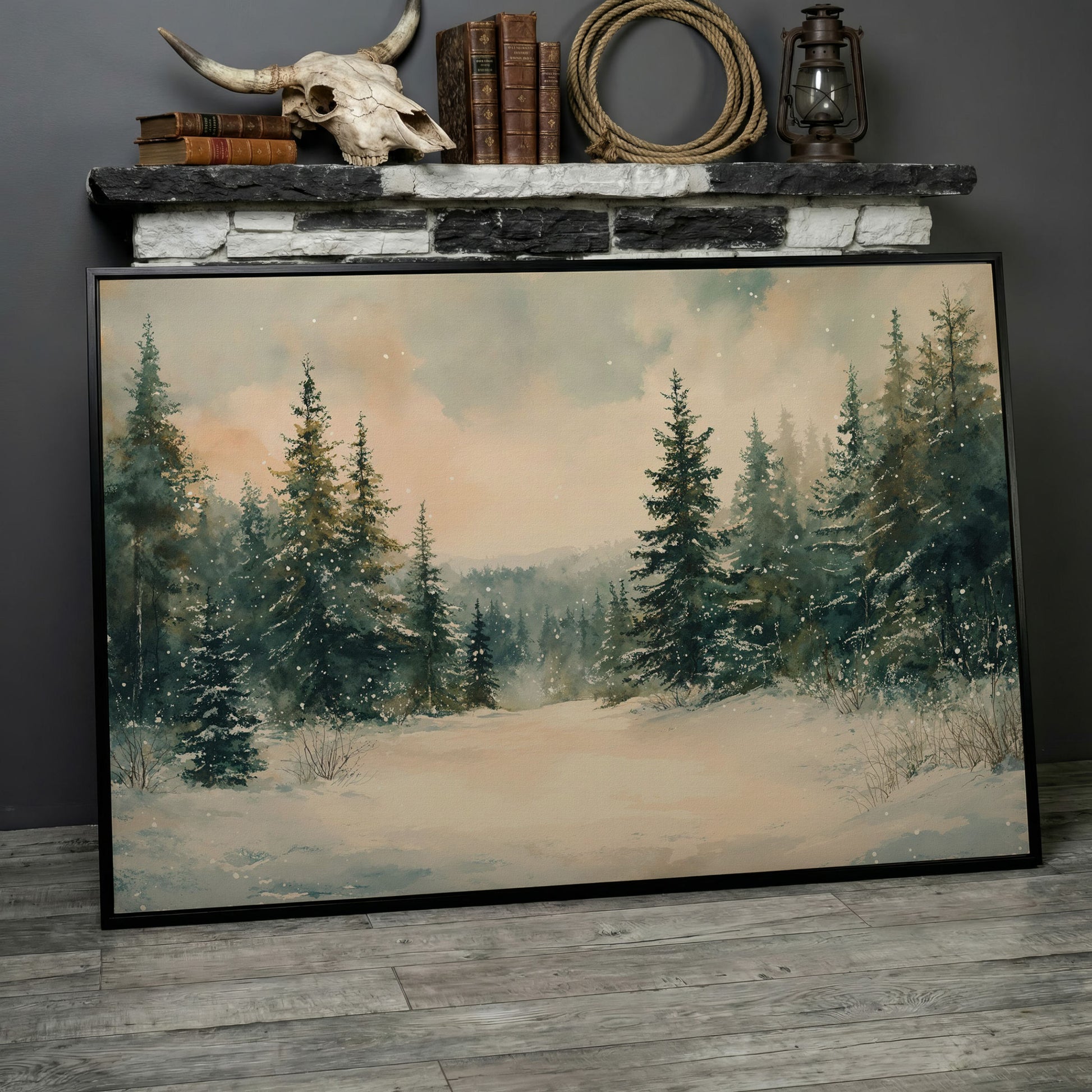 Winter Forest Path Canvas in black floating frame