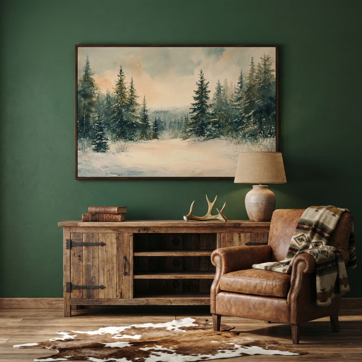 Winter Forest Path Canvas in dark walnut floating frame