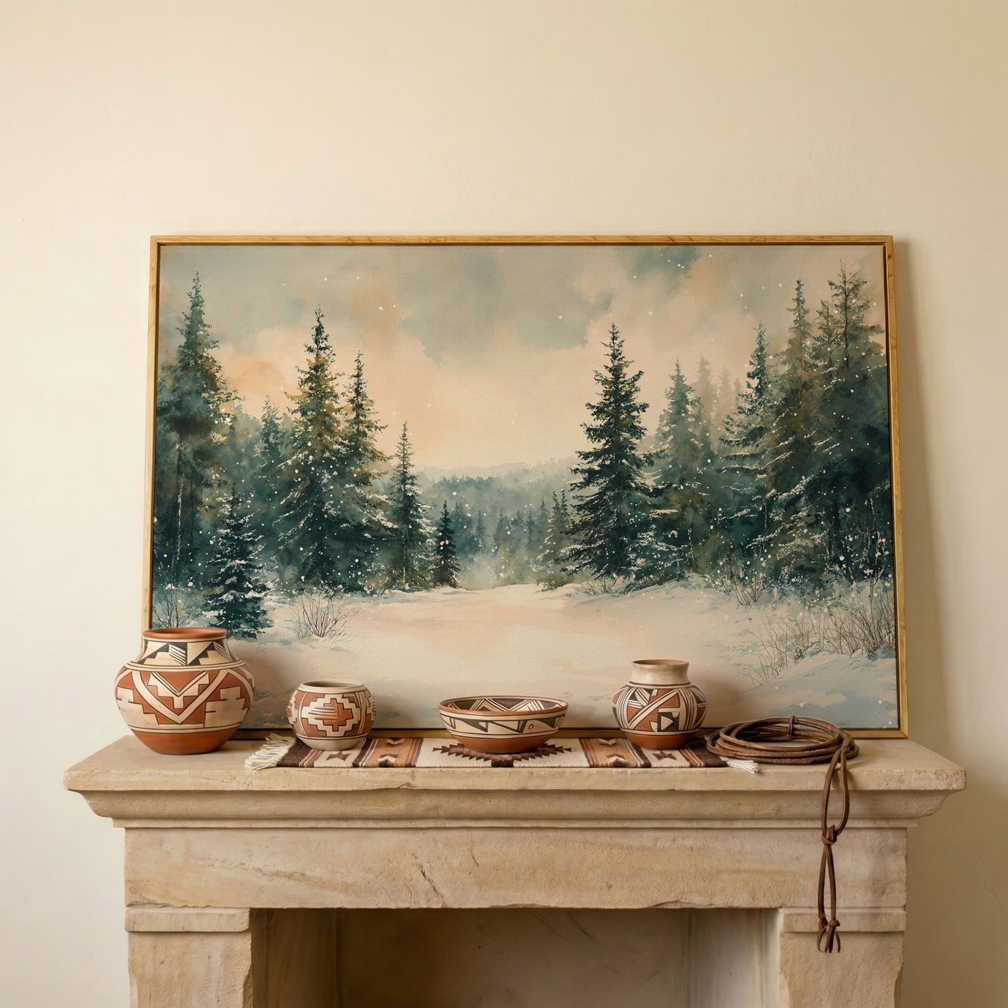 Winter Forest Path Canvas in white oak floating frame