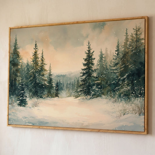 Winter Forest Path Canvas shown in white oak floating frame