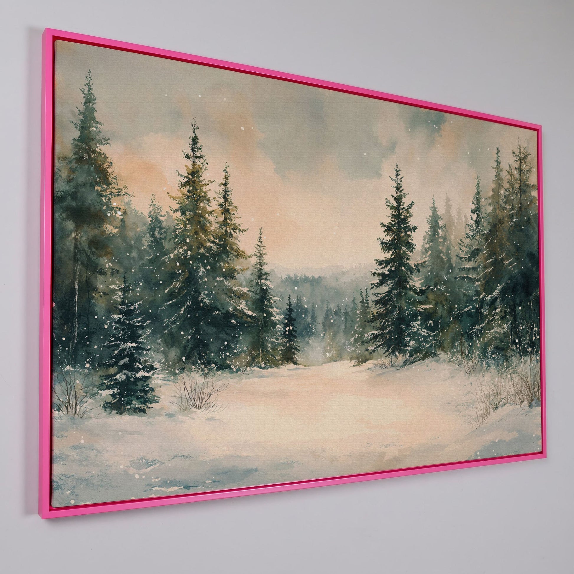 Winter Forest Path Canvas in pink floating frame