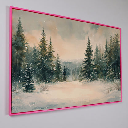 Winter Forest Path Canvas in pink floating frame