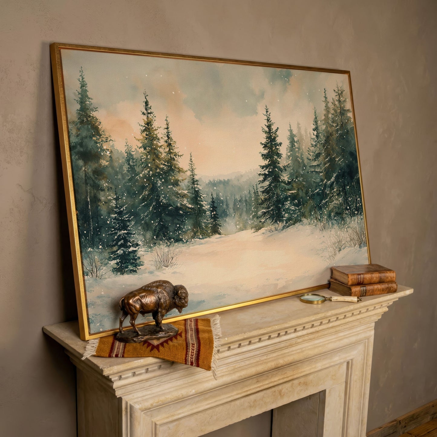 Winter Forest Path Canvas in rose gold floating frame