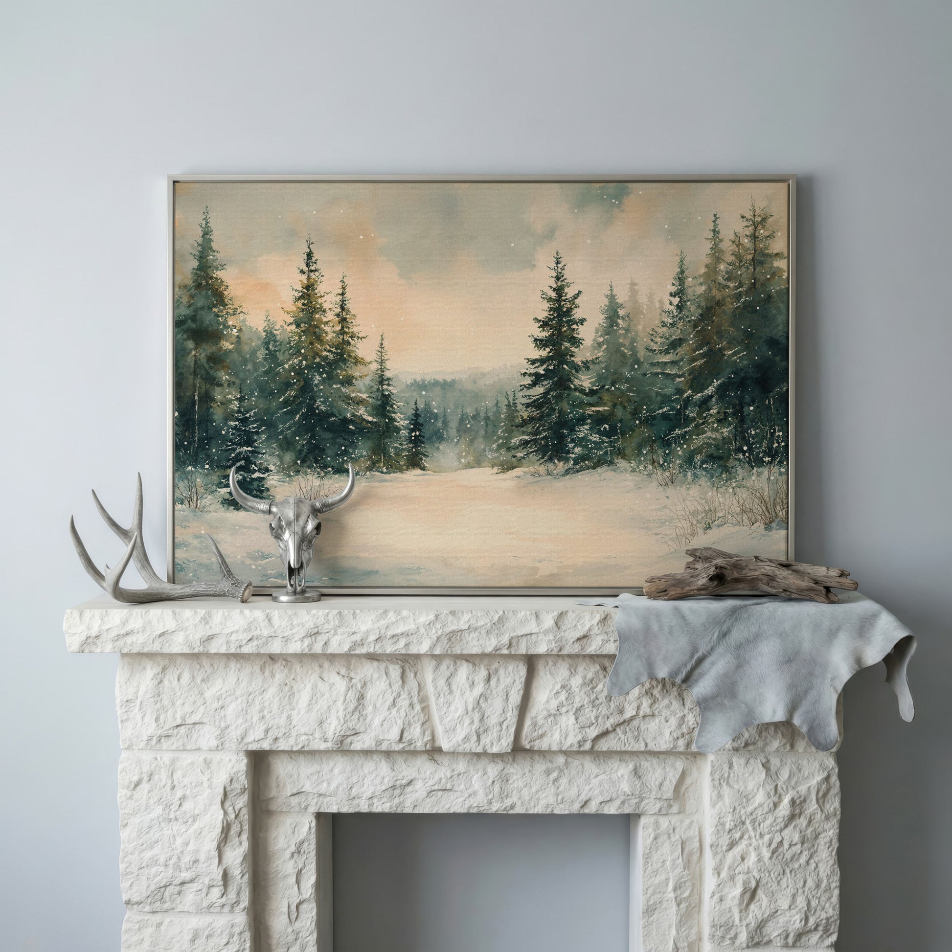 Winter Forest Path Canvas in silver floating frame
