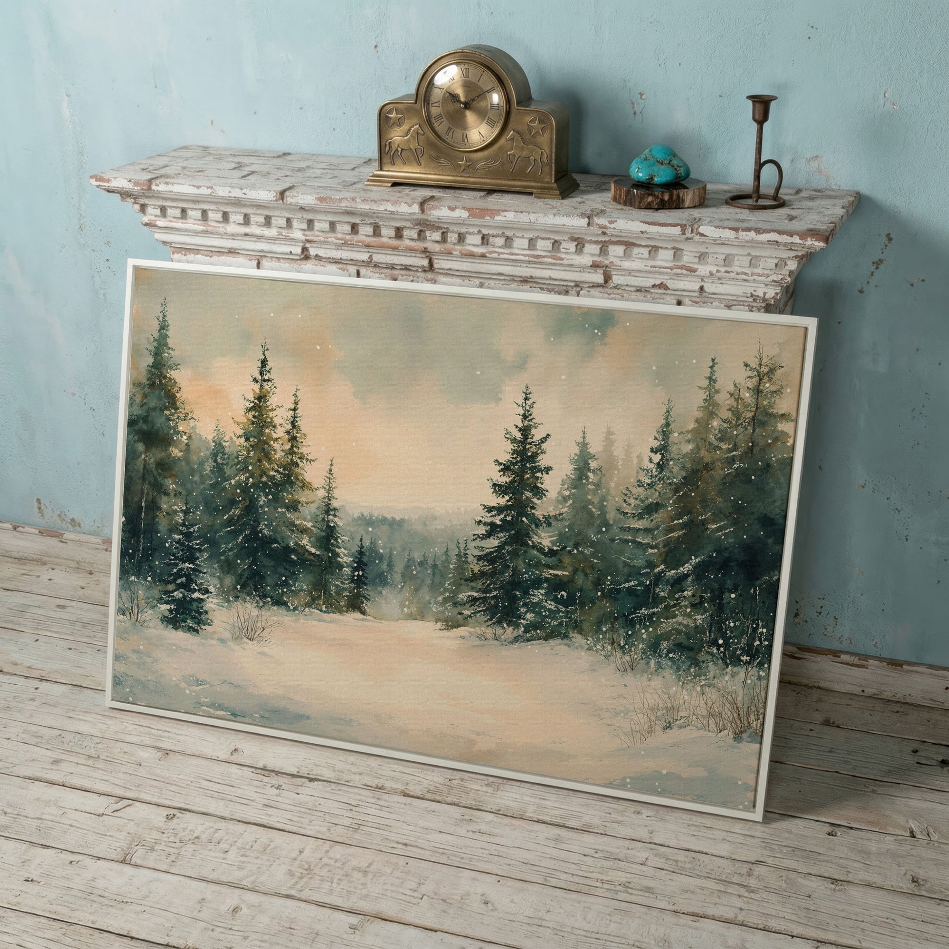 Winter Forest Path Canvas in white floating frame