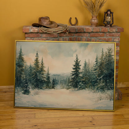 Winter Forest Path Canvas in yellow gold floating frame