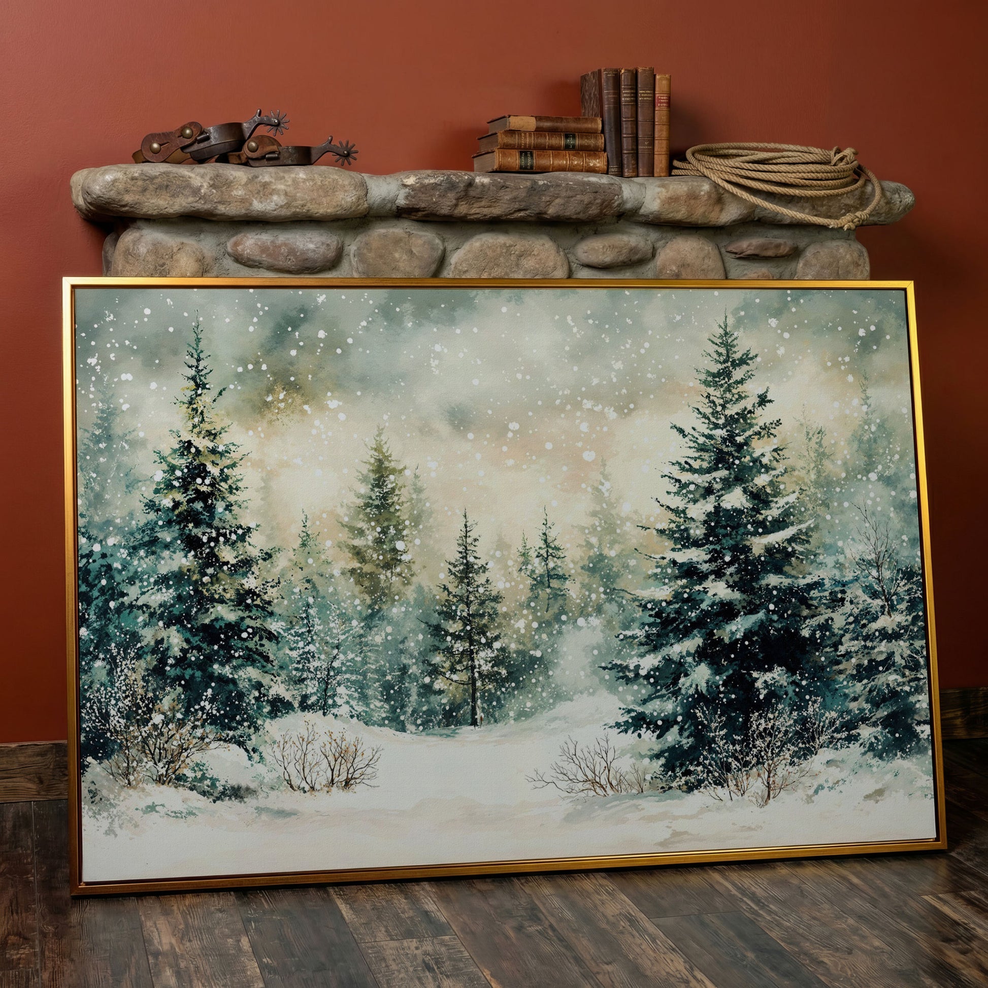 Snowy Forest Landscape Canvas in antique gold floating frame
