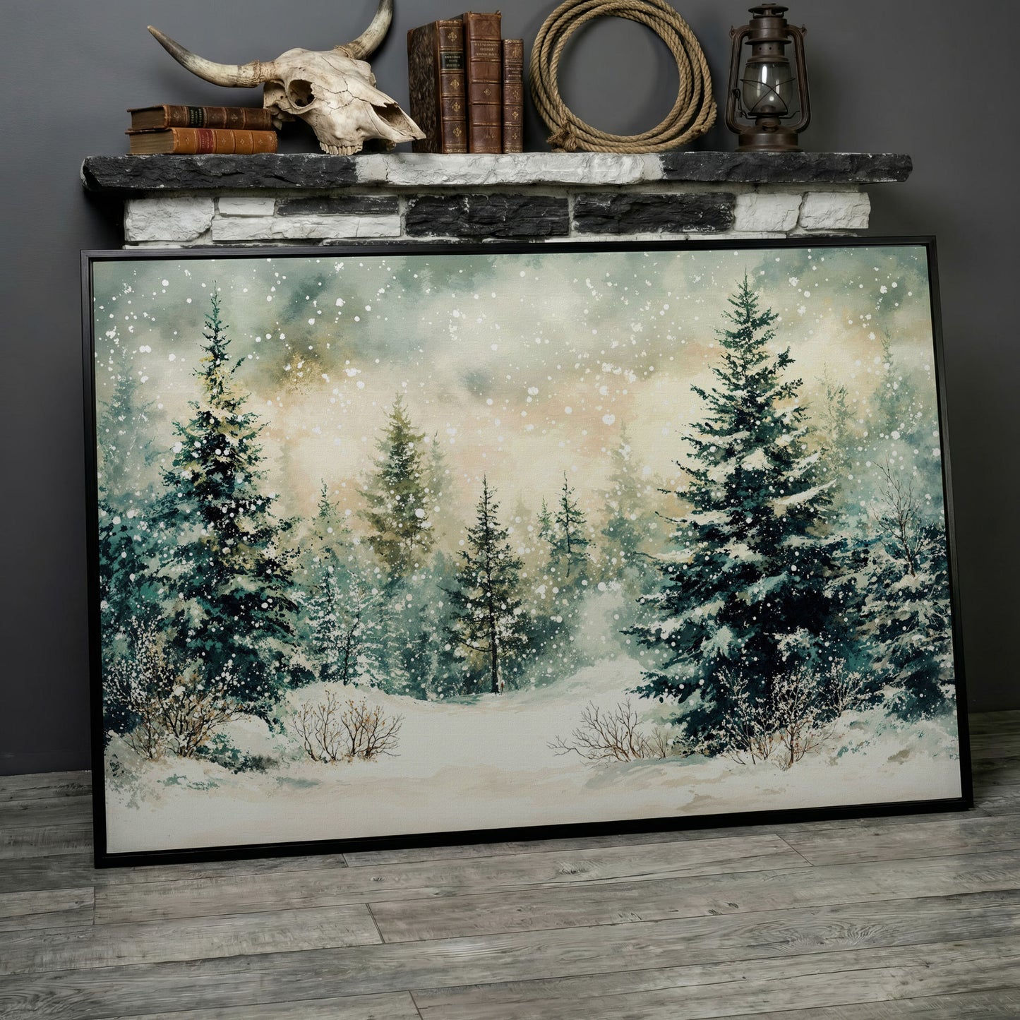 Snowy Forest Landscape Canvas in black floating frame