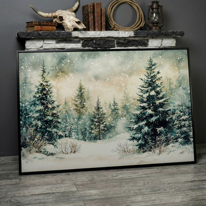 Snowy Forest Landscape Canvas in black floating frame