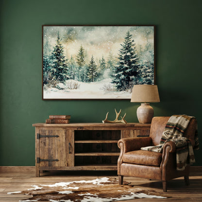 Snowy Forest Landscape Canvas in dark walnut floating frame