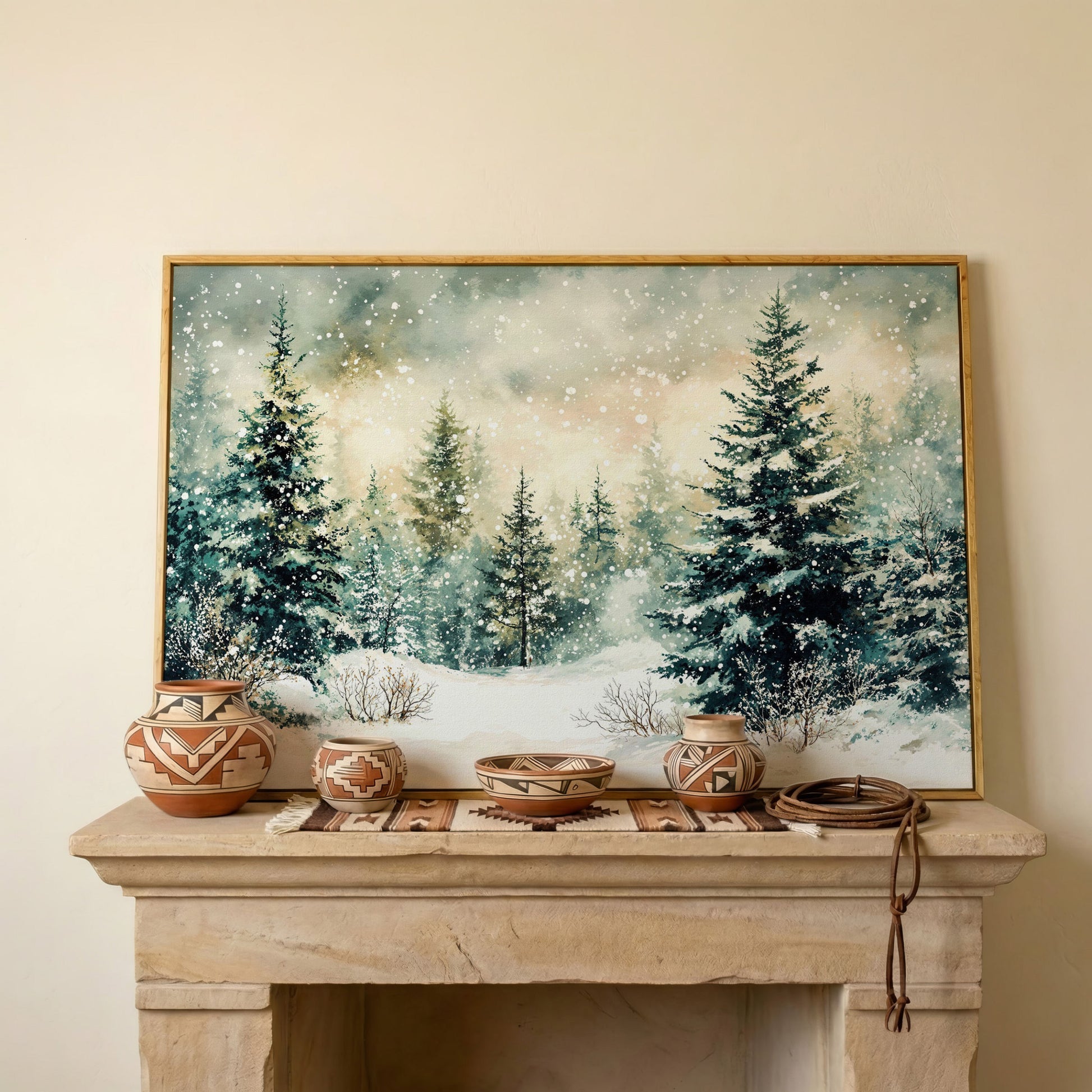 Snowy Forest Landscape Canvas in white oak floating frame