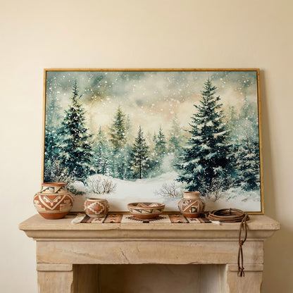 Snowy Forest Landscape Canvas in white oak floating frame