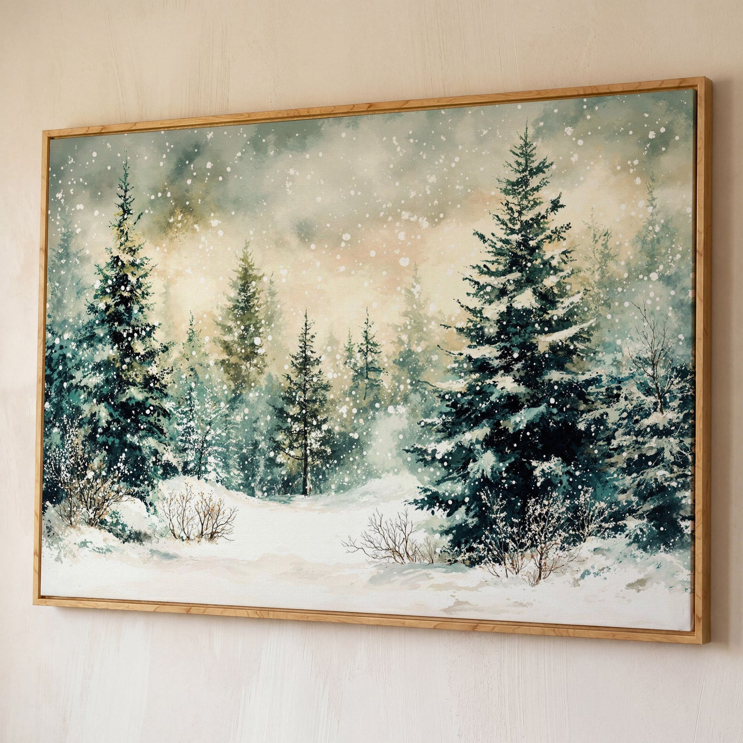 Snowy Forest Landscape Canvas shown in white oak floating frame