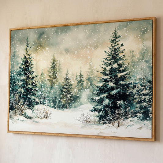 Snowy Forest Landscape Canvas shown in white oak floating frame