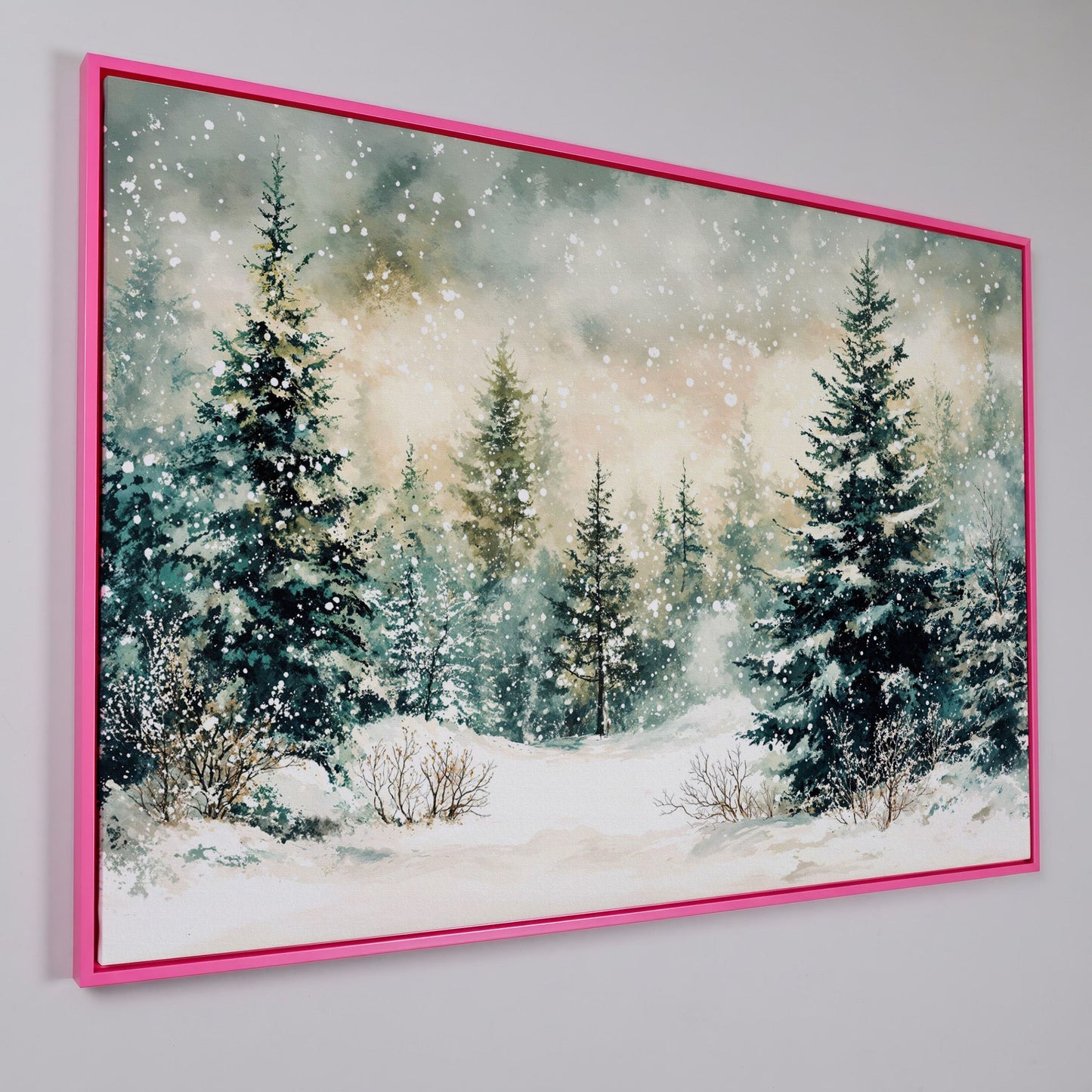 Snowy Forest Landscape Canvas in pink floating frame