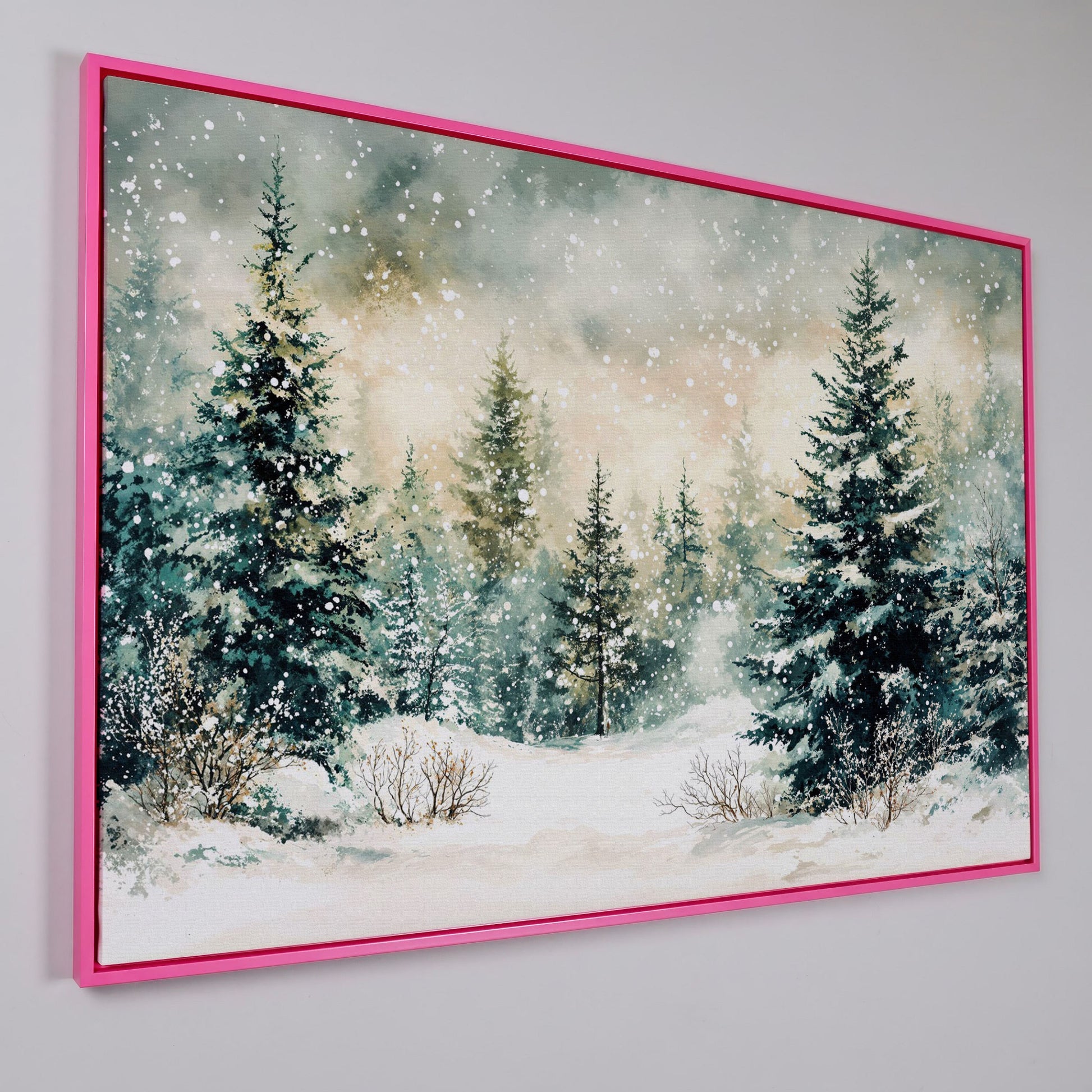 Snowy Forest Landscape Canvas in pink floating frame