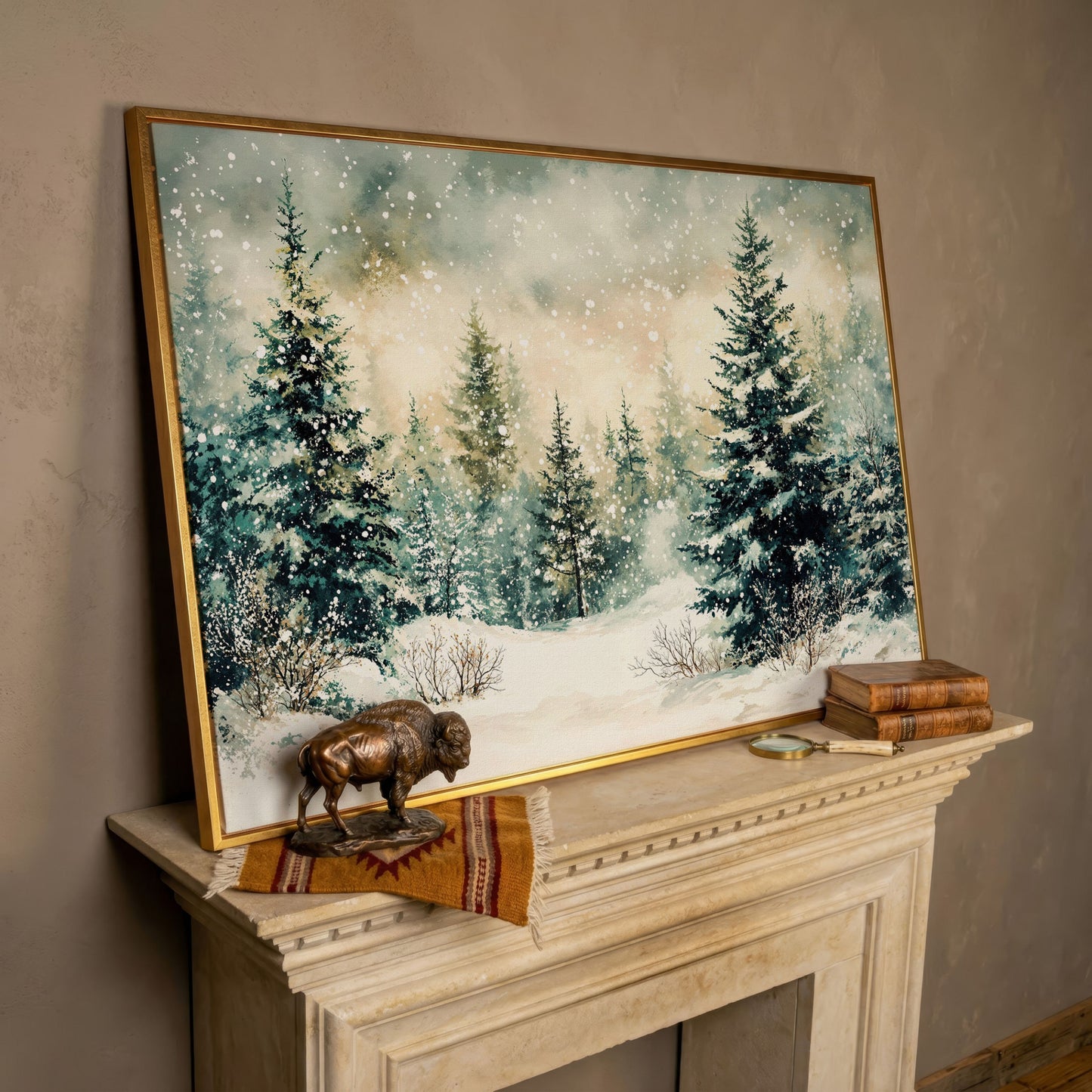 Snowy Forest Landscape Canvas in rose gold floating frame