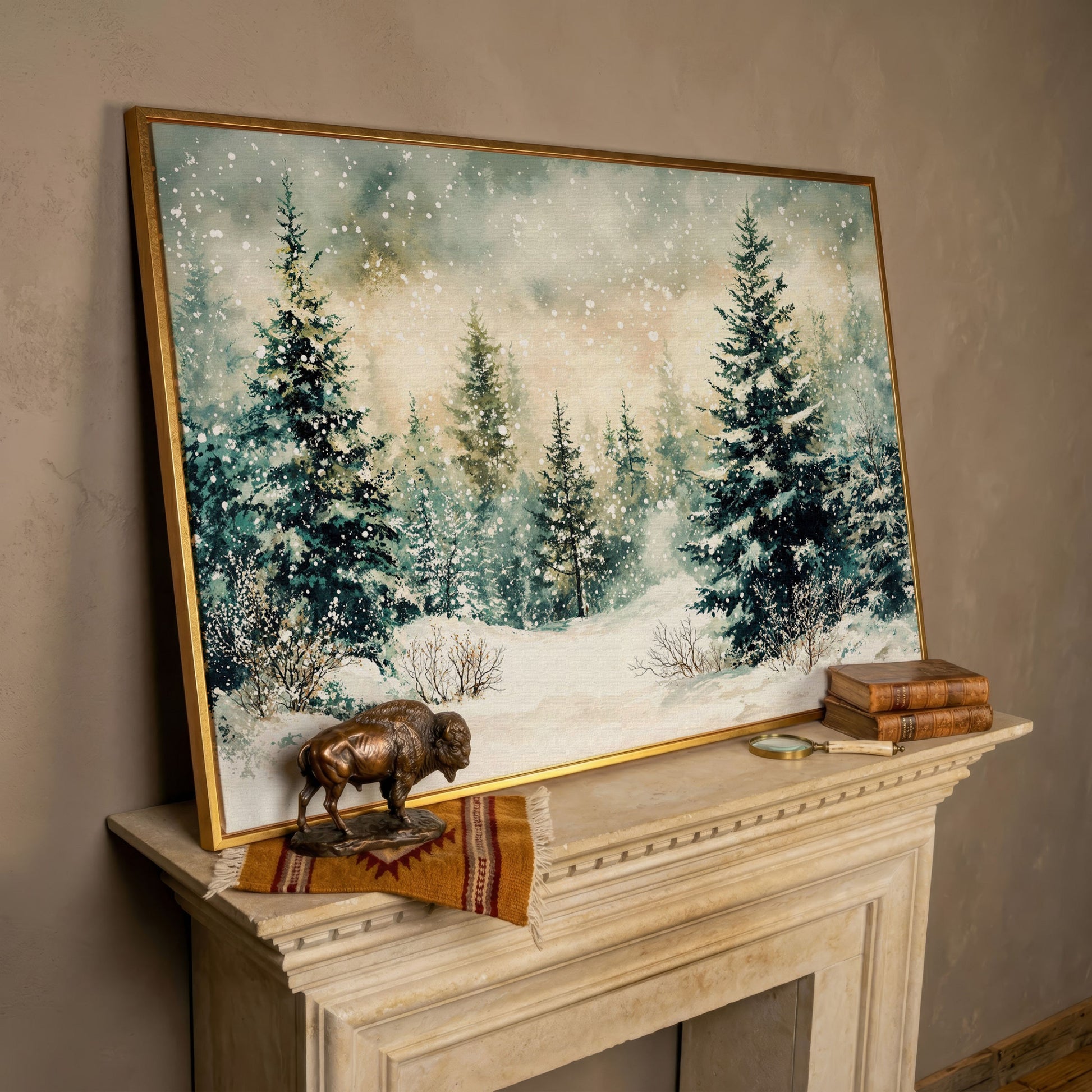 Snowy Forest Landscape Canvas in rose gold floating frame